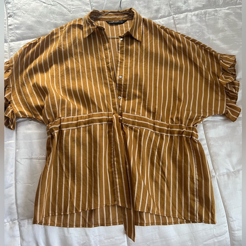 Zara Womans Striped Ruffle Sleeve Tie Top Medium